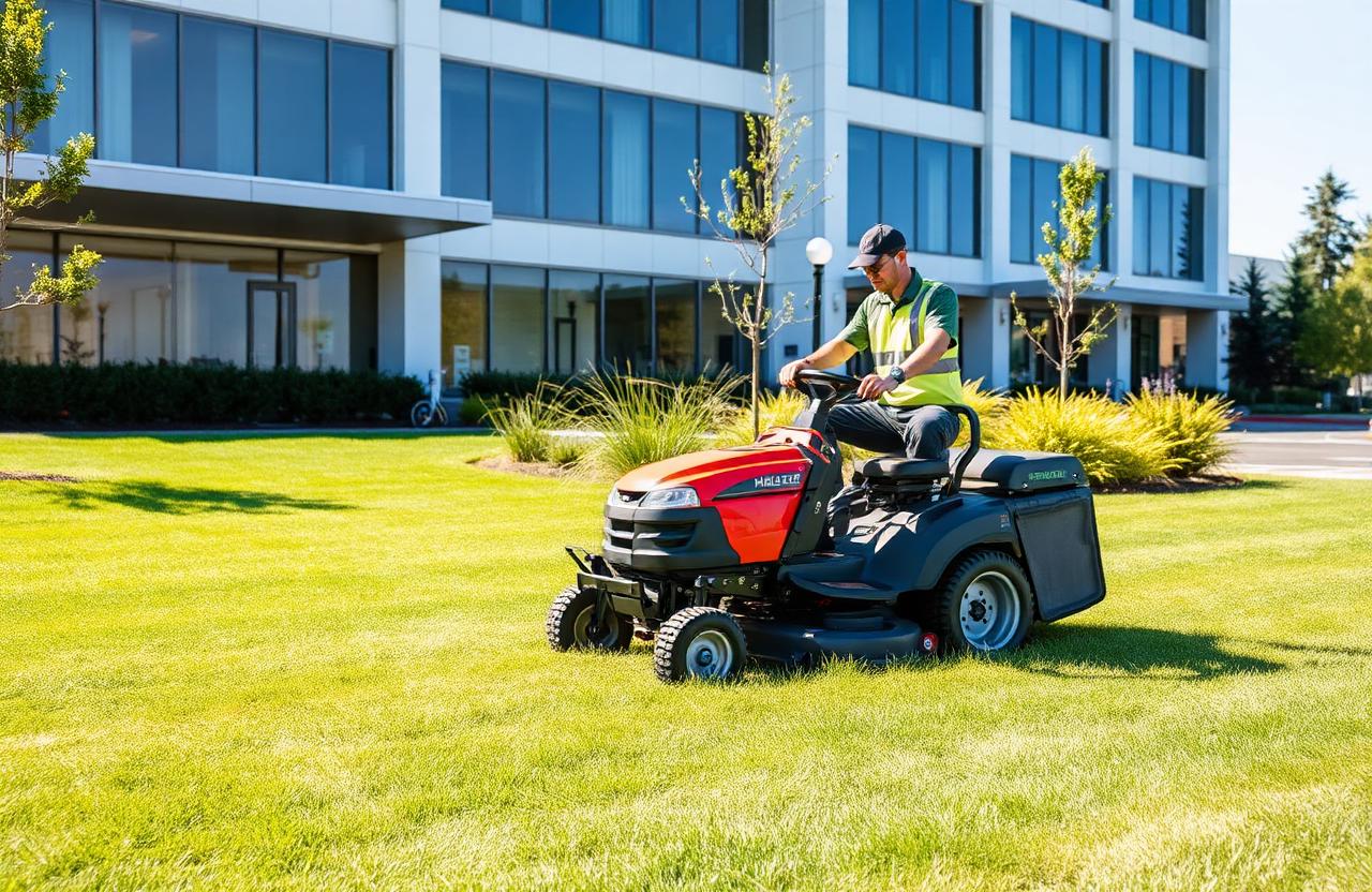 Landscaping crew mowing commercial property